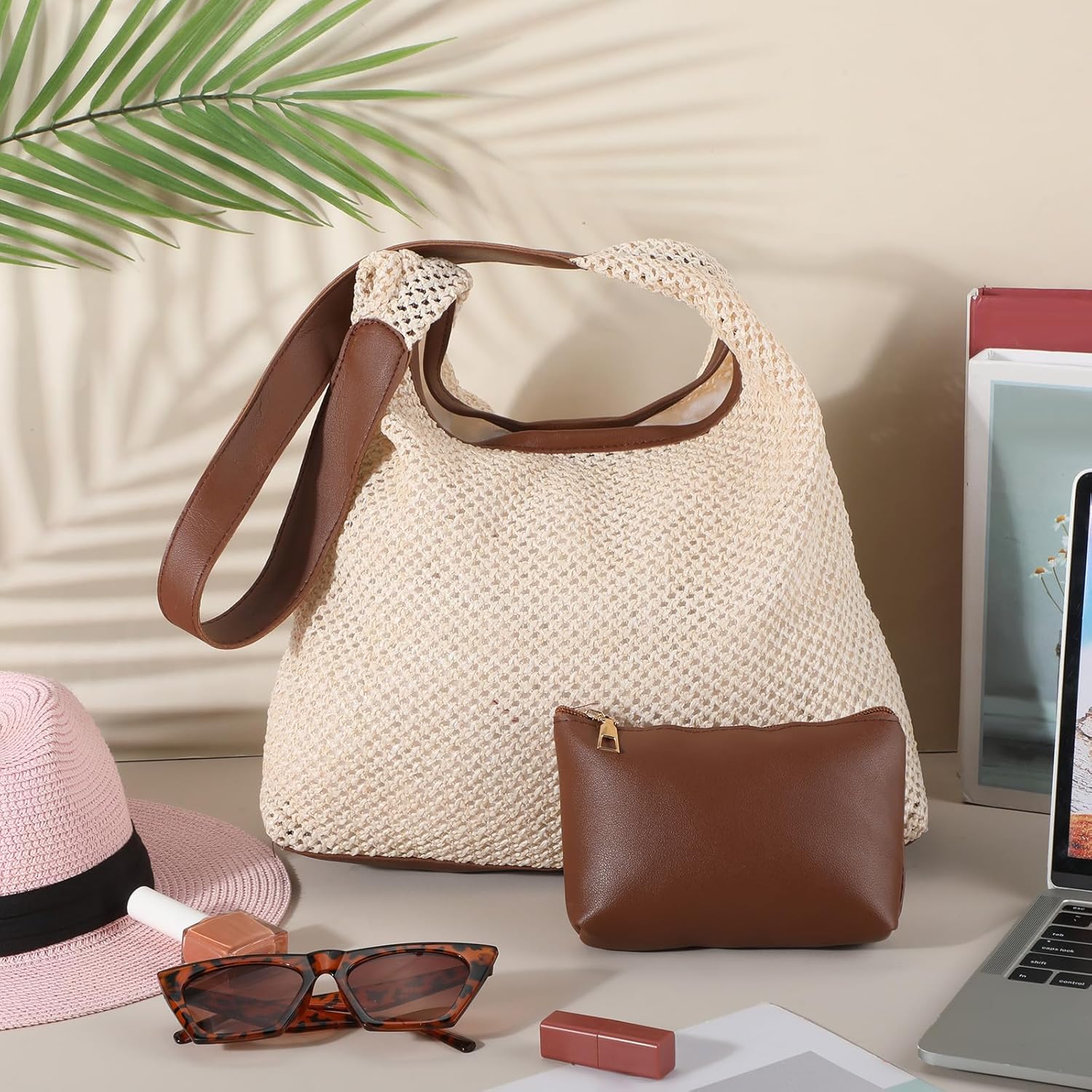 8 Pieces Large Tote Bags Bulk, Straw Tote Bag Summer Woven Beach Tote with Pocket Bag, for Women Shopping Bridesmaid Gift Bags - Image 3