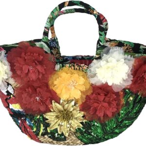 Alex Max Multicolor Parrot & Floral Straw Tote Bag, Handwoven Beach Basket Bag with Zip Top, Adjustable Strap, Lined Interior Pockets