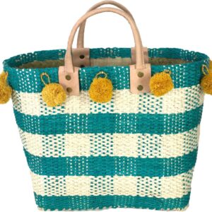 Aqua Multi Gingham Print Basket Tote, Large Handwoven Sisal & Seagrass Beach Bag with Pom Poms, Summer Shoulder Bag