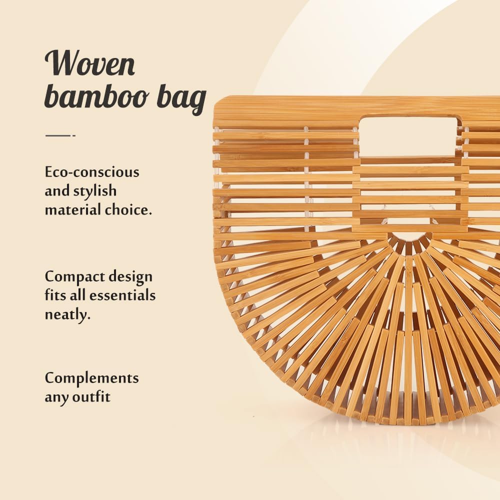 Bamboo Purse Women's Natural Tote Straw Purse Foldable Straw Sun Visor Hats for Women, Beach Bamboo Bag Summer Outdoor - Image 2