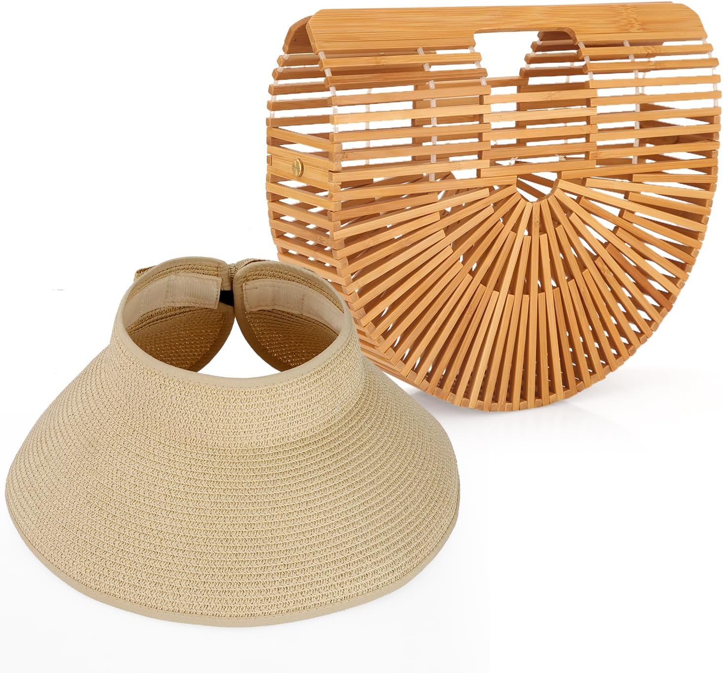 Bamboo Purse Women's Natural Tote Straw Purse Foldable Straw Sun Visor Hats for Women, Beach Bamboo Bag Summer Outdoor