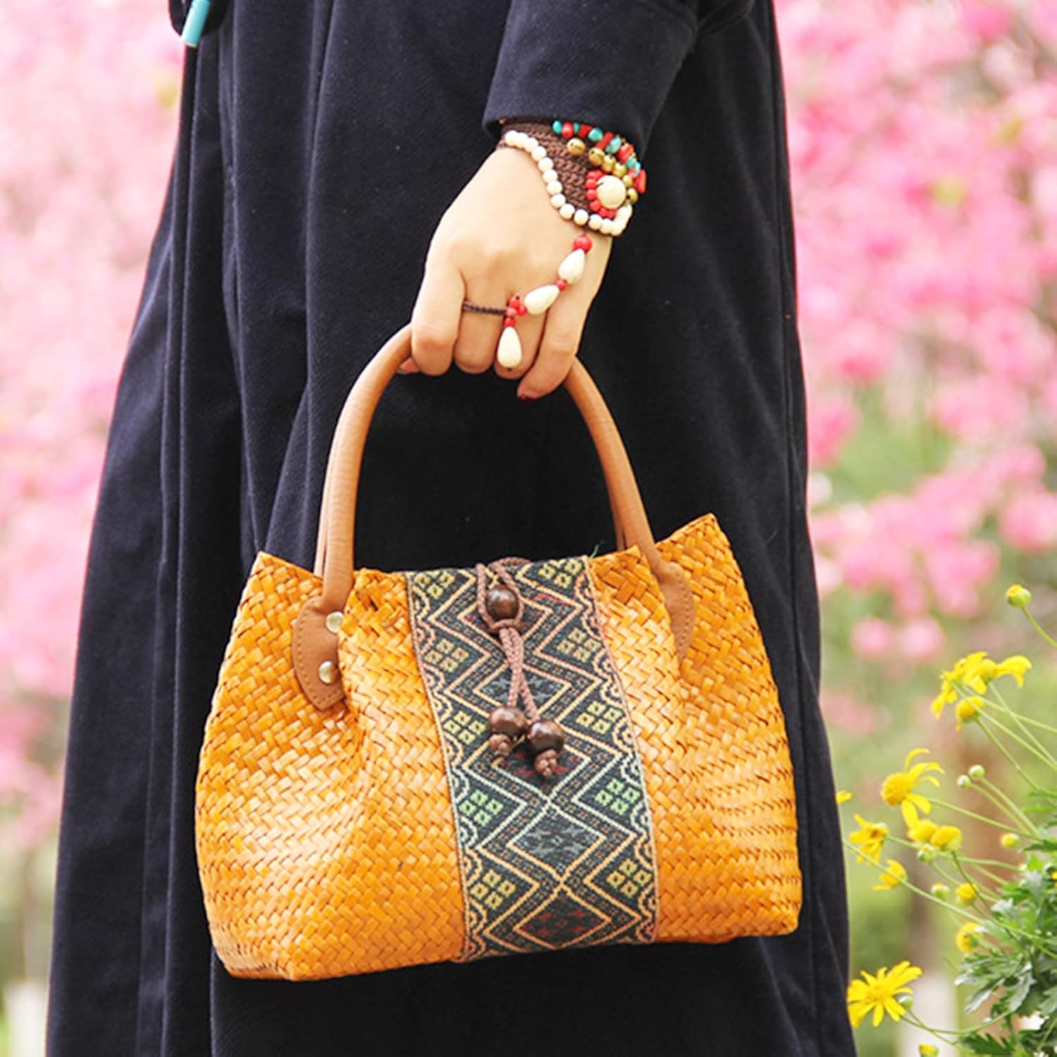 Beach Bag for Women, Handmade Rattan Tote Bag, Leather Handle, Boho Retro pattern Straw Woven Handbag, Large Summer Beach Vacation Bag (Khaki) - Image 3