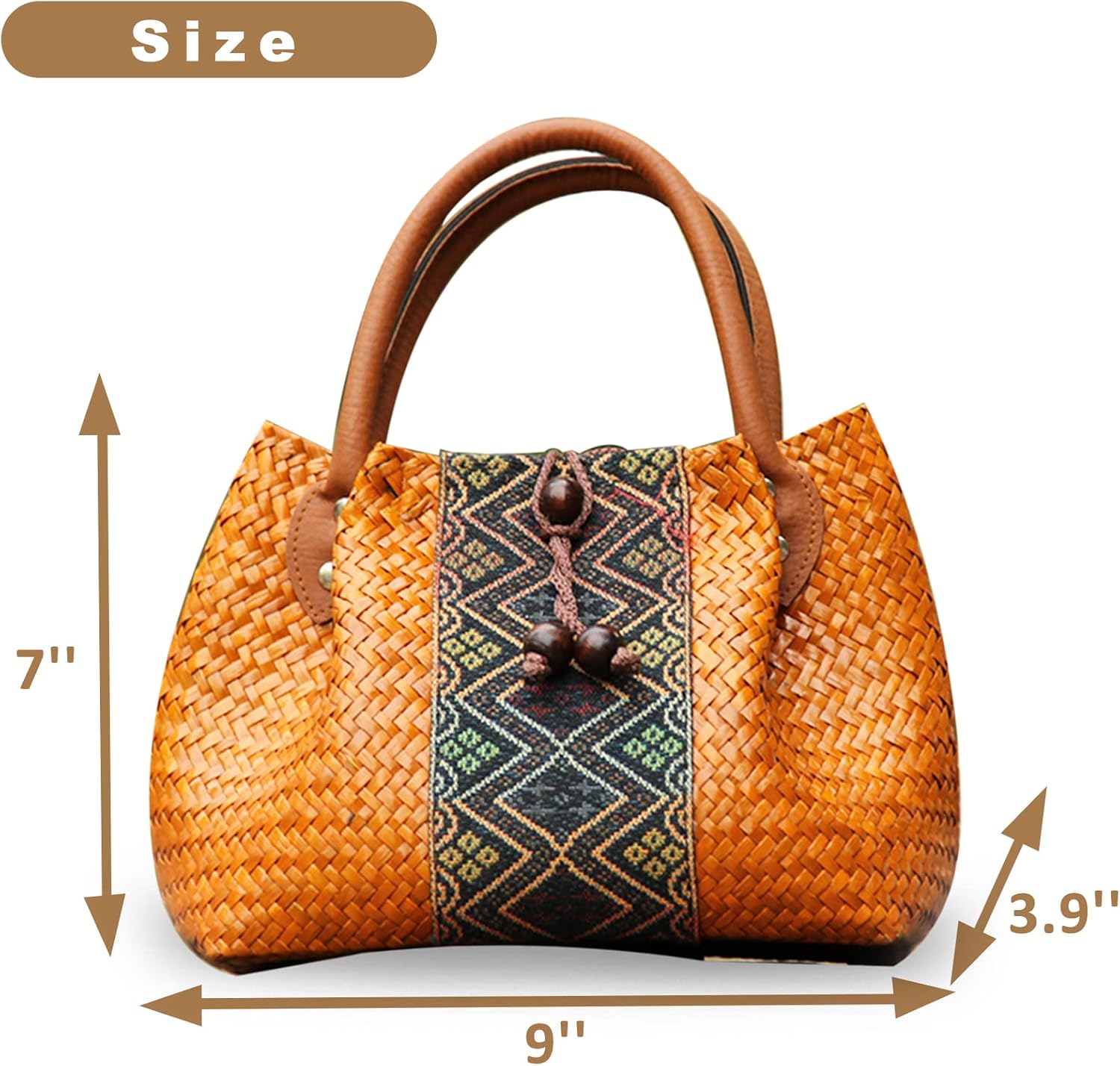 Beach Bag for Women, Handmade Rattan Tote Bag, Leather Handle, Boho Retro pattern Straw Woven Handbag, Large Summer Beach Vacation Bag (Khaki) - Image 2