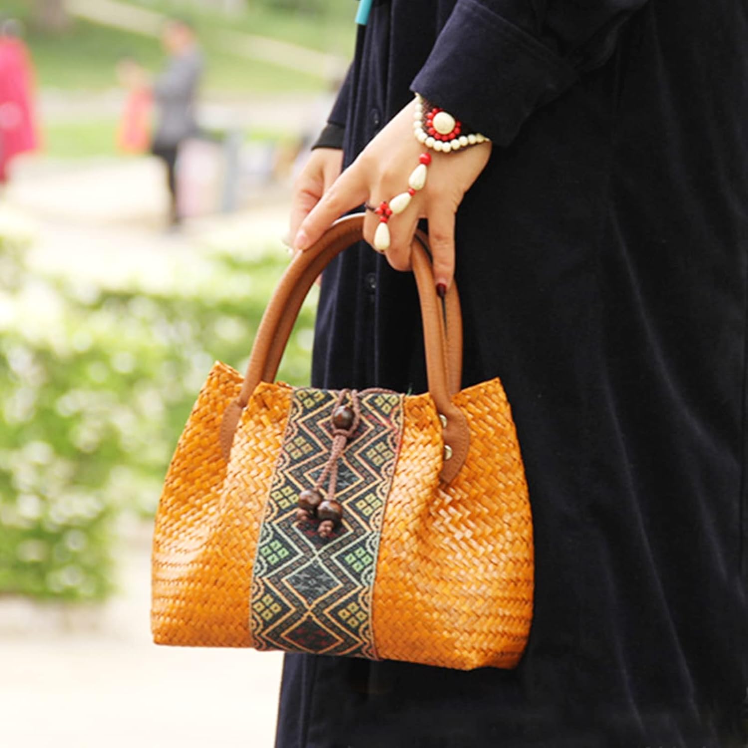 Beach Bag for Women, Handmade Rattan Tote Bag, Leather Handle, Boho Retro pattern Straw Woven Handbag, Large Summer Beach Vacation Bag (Khaki) - Image 6