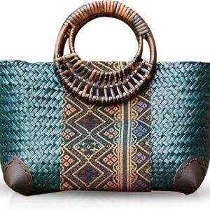 Beach Bag for Women, Handmade Rattan Tote Bag, Round Bamboo Handle, Boho Retro pattern Straw Woven Handbag, Large Summer Beach Vacation Bag (Blue)