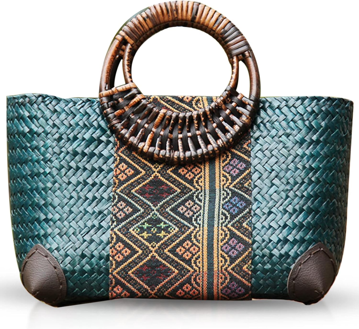 Beach Bag for Women, Handmade Rattan Tote Bag, Round Bamboo Handle, Boho Retro pattern Straw Woven Handbag, Large Summer Beach Vacation Bag (Blue)