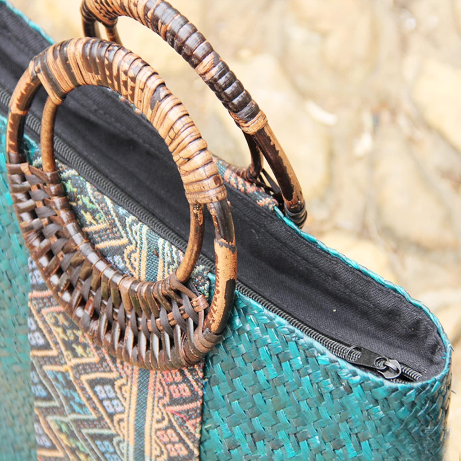 Beach Bag for Women, Handmade Rattan Tote Bag, Round Bamboo Handle, Boho Retro pattern Straw Woven Handbag, Large Summer Beach Vacation Bag (Blue) - Image 4