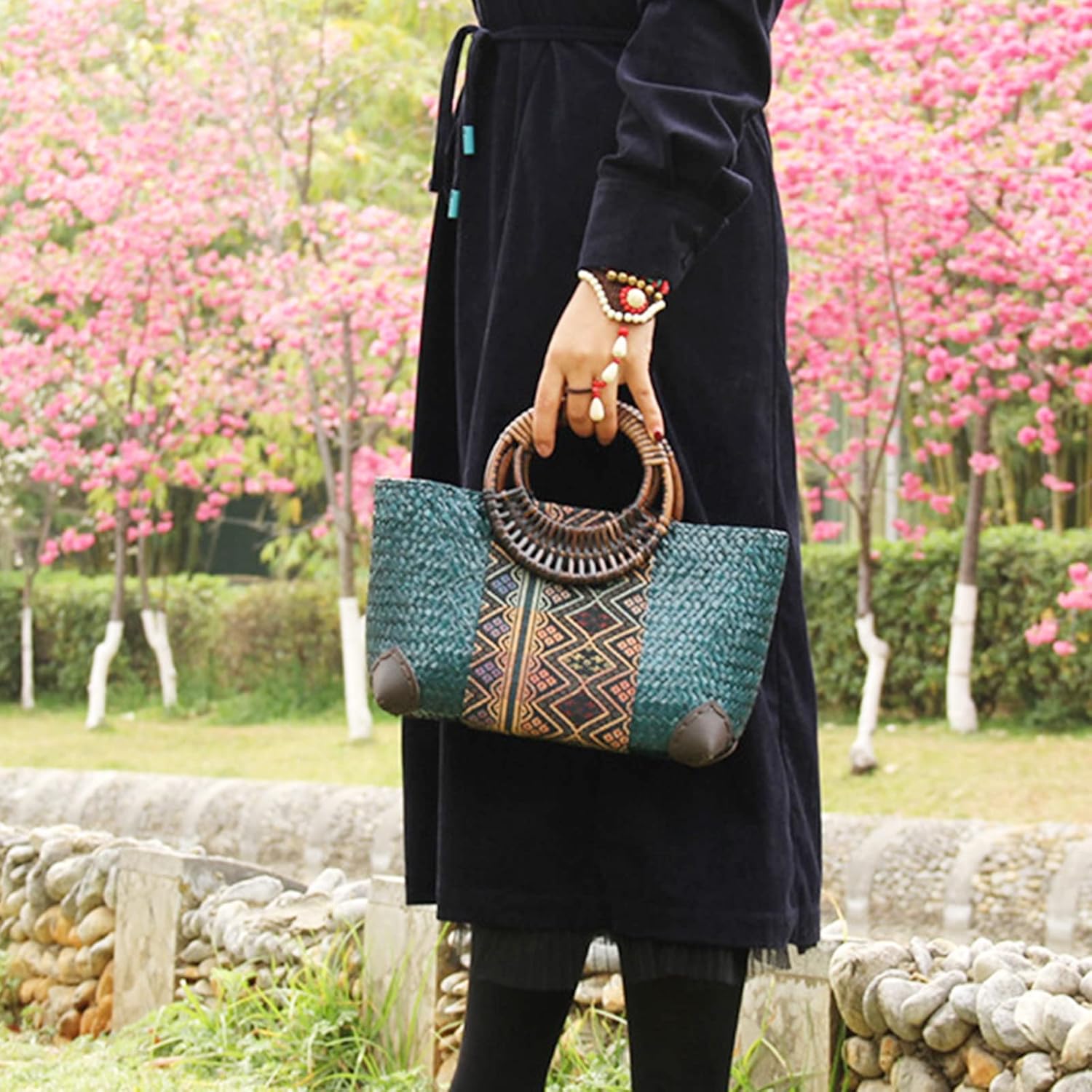 Beach Bag for Women, Handmade Rattan Tote Bag, Round Bamboo Handle, Boho Retro pattern Straw Woven Handbag, Large Summer Beach Vacation Bag (Blue) - Image 6