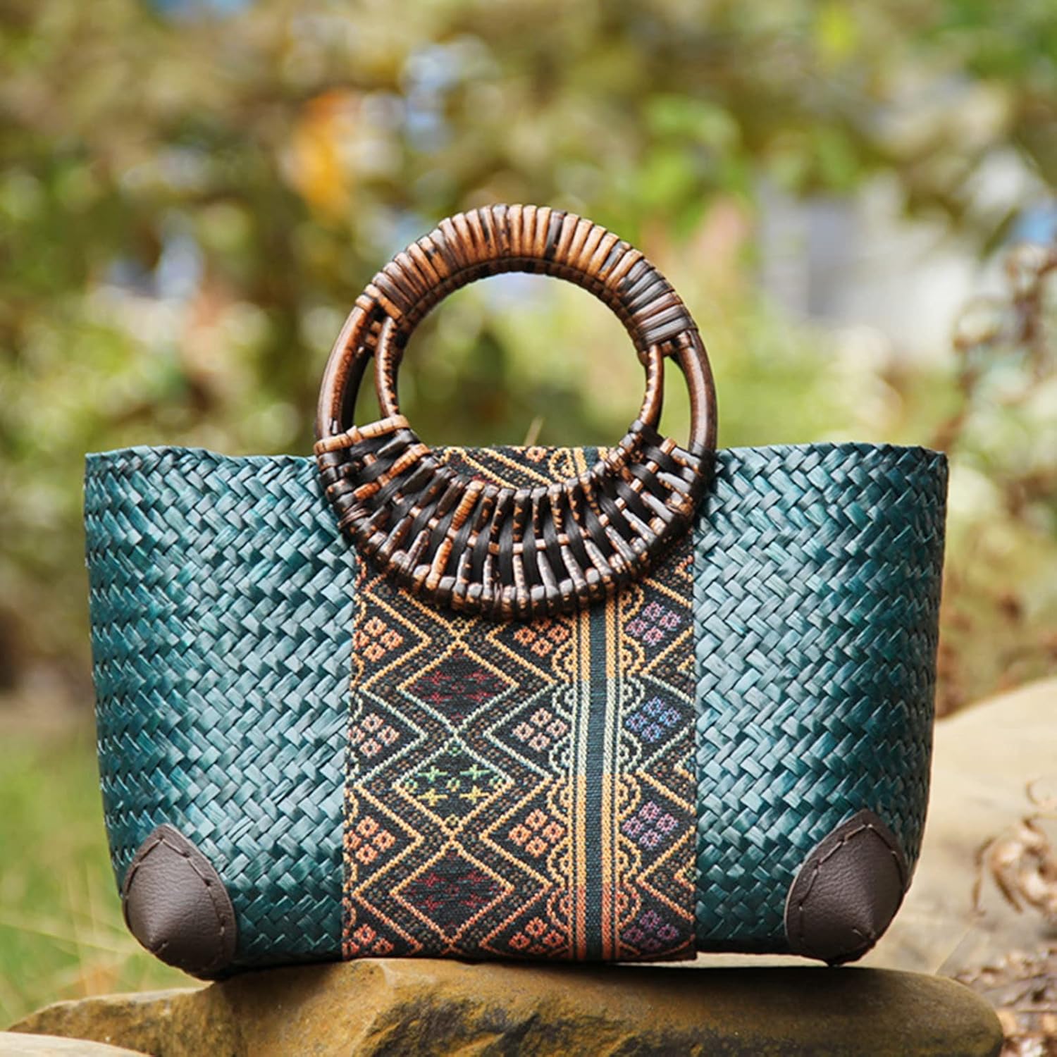 Beach Bag for Women, Handmade Rattan Tote Bag, Round Bamboo Handle, Boho Retro pattern Straw Woven Handbag, Large Summer Beach Vacation Bag (Blue) - Image 3