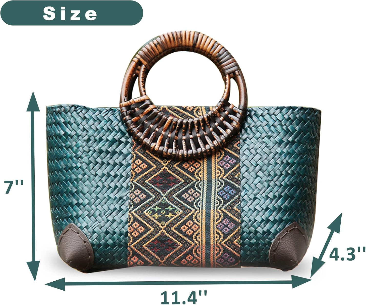 Beach Bag for Women, Handmade Rattan Tote Bag, Round Bamboo Handle, Boho Retro pattern Straw Woven Handbag, Large Summer Beach Vacation Bag (Blue) - Image 2