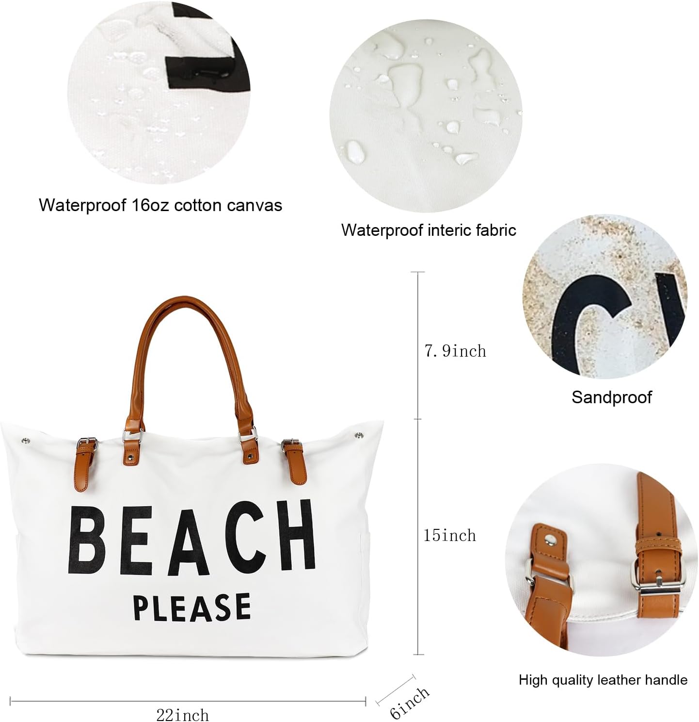 Beach Bag with Vegan Leather Handle, Extra Large Beach Bag for Women Waterproof Sandproof, White - Image 3