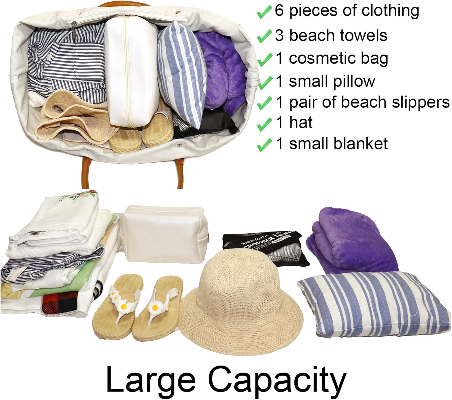 Beach Bag with Vegan Leather Handle, Extra Large Beach Bag for Women Waterproof Sandproof, White - Image 5