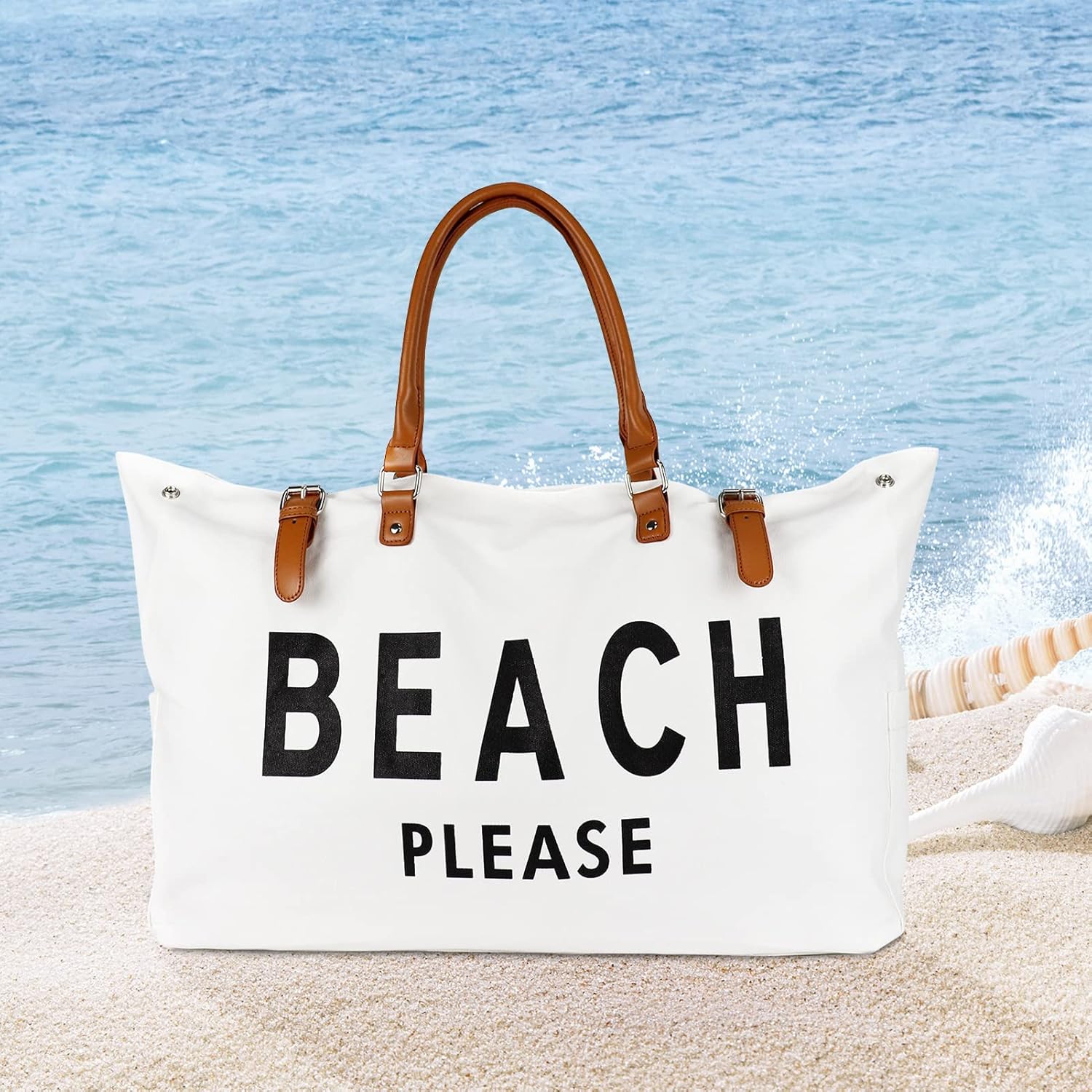 Beach Bag with Vegan Leather Handle, Extra Large Beach Bag for Women Waterproof Sandproof, White - Image 8