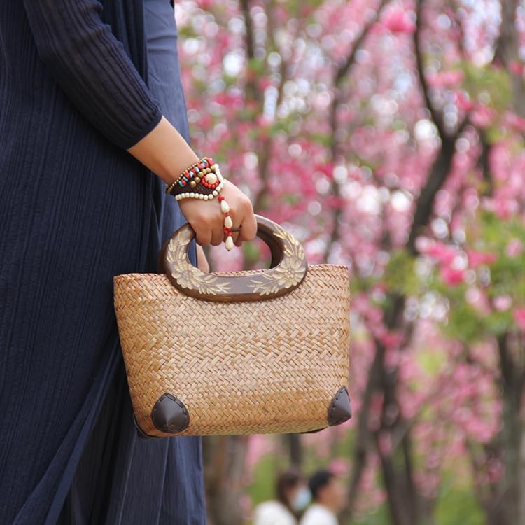 Beach Straw Bag for Women - Handmade Rattan Summer Tote With Flowers Engraving Wooden Handle, Boho Retro Woven Handbag for Vacation Travel Daily - Image 6