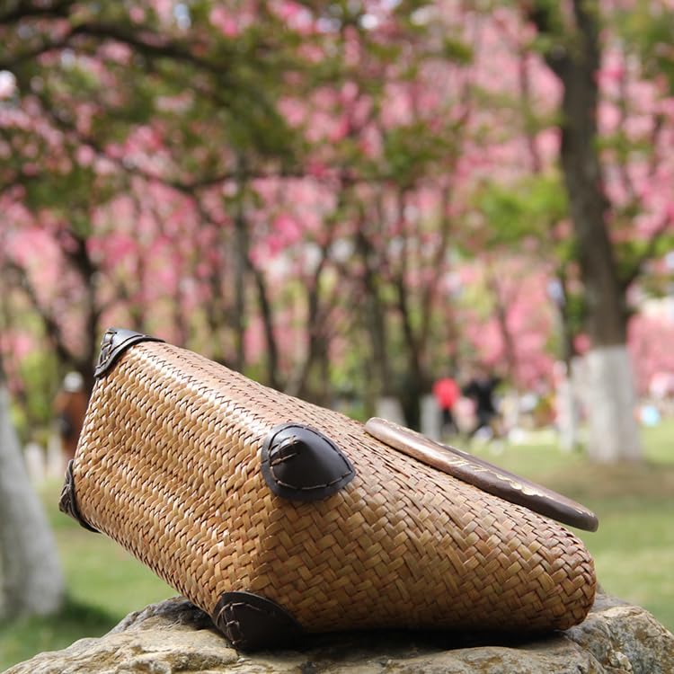 Beach Straw Bag for Women - Handmade Rattan Summer Tote With Flowers Engraving Wooden Handle, Boho Retro Woven Handbag for Vacation Travel Daily - Image 4