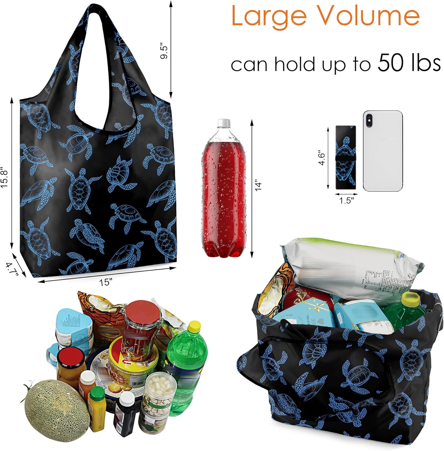 BeeGreen Reusable Grocery Bags Shopping Bags for Women Ocean Animals i##e##s: Sea Turtle ^^ Lovers Gifts ^^ Bulk 6 Pack ^^ 50LBS ^^ X-Large ^^ Shells ^^ Seal ^^ Mermaid Scale ^^ Whale :i##e##s - Image 2