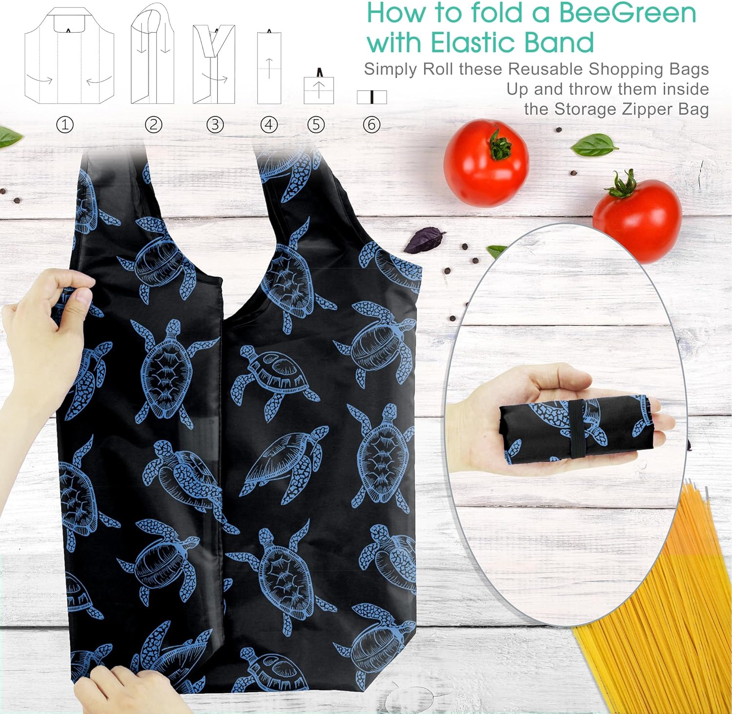 BeeGreen Reusable Grocery Bags Shopping Bags for Women Ocean Animals i##e##s: Sea Turtle ^^ Lovers Gifts ^^ Bulk 6 Pack ^^ 50LBS ^^ X-Large ^^ Shells ^^ Seal ^^ Mermaid Scale ^^ Whale :i##e##s - Image 3