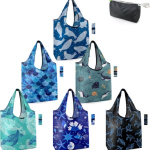 BeeGreen Reusable Grocery Bags Shopping Bags for Women Ocean Animals i##e##s: Sea Turtle ^^ Lovers Gifts ^^ Bulk 6 Pack ^^ 50LBS ^^ X-Large ^^ Shells ^^ Seal ^^ Mermaid Scale ^^ Whale :i##e##s