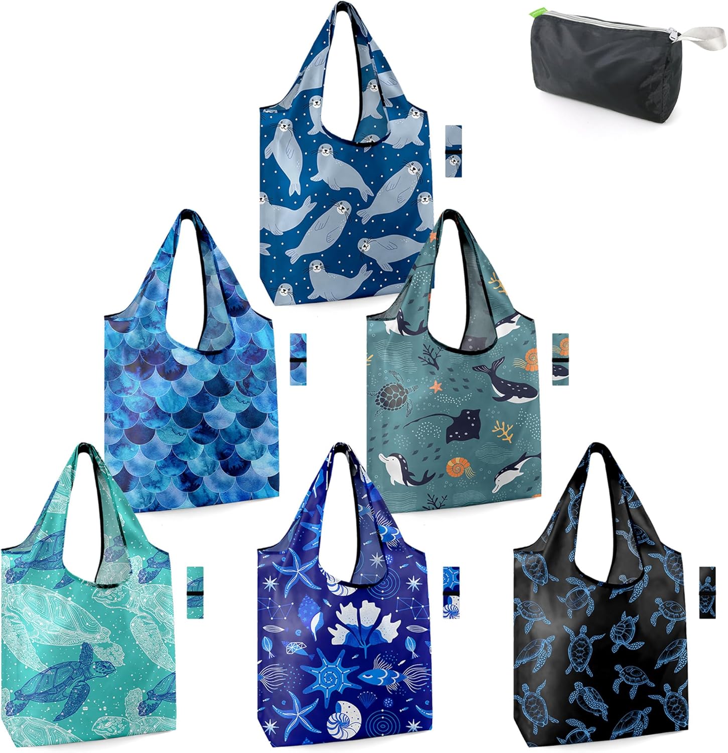 BeeGreen Reusable Grocery Bags Shopping Bags for Women Ocean Animals i##e##s: Sea Turtle ^^ Lovers Gifts ^^ Bulk 6 Pack ^^ 50LBS ^^ X-Large ^^ Shells ^^ Seal ^^ Mermaid Scale ^^ Whale :i##e##s