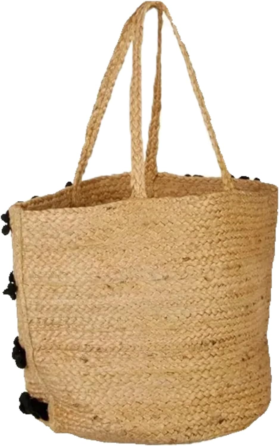 Boho Chic Woven Straw Tote Bag with Black Pom Pom Trim - Large Natural Jute Beach Bag for Summer - Image 3