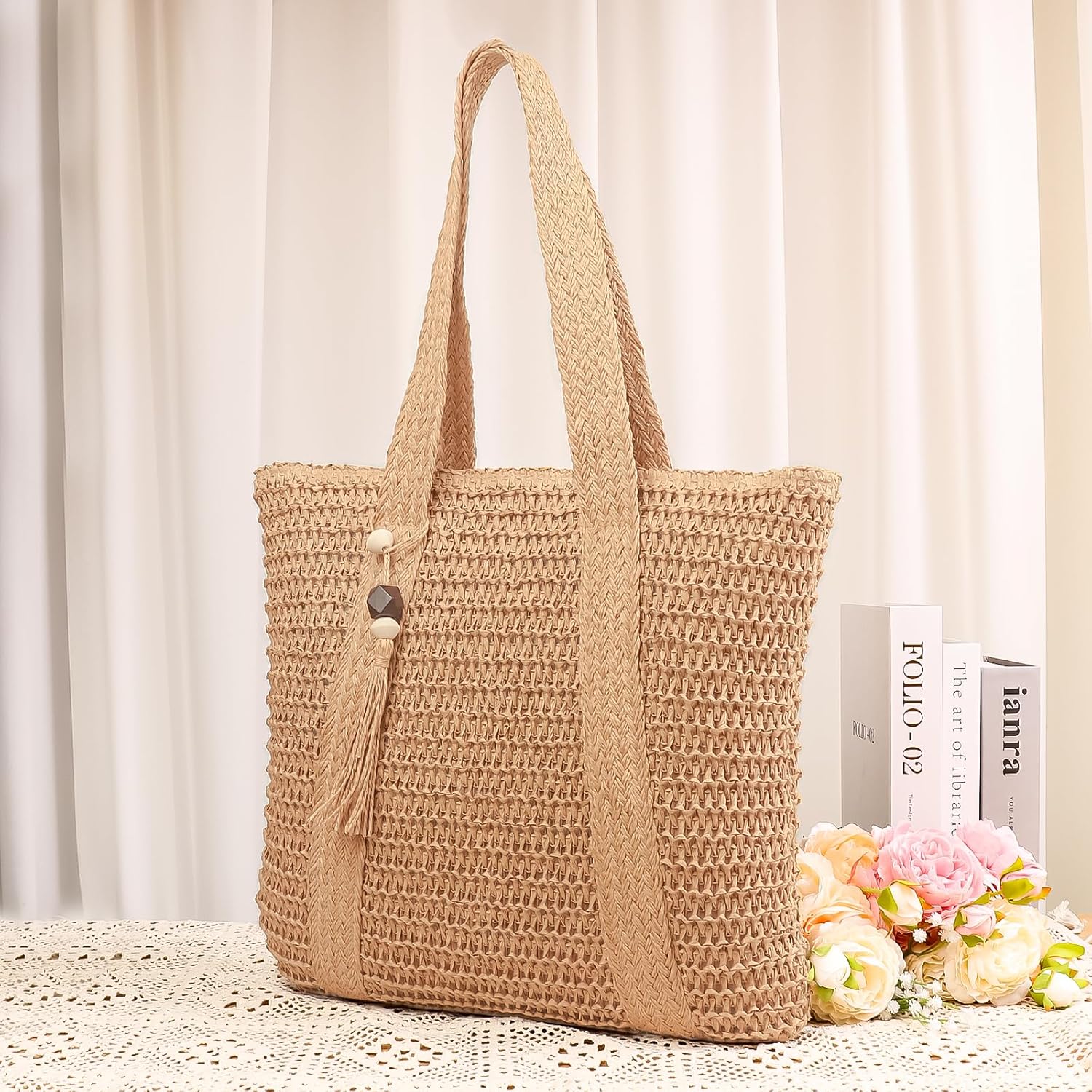 COAIMANEY Womens Large Capacity Straw woven Tote with Hat, Summer Beach Shoulder Bag for Shopping Camping - Image 5