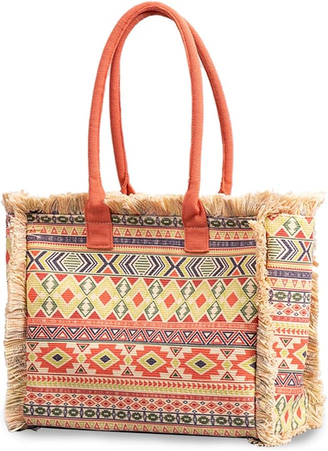 CORIOS Women Canvas Handbag Ethnic Style Tote Bag Retro Shoulder Bag with Tassels Summer Beach Bag Bohemian Top Handle Bag - Image 9