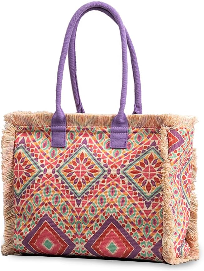 CORIOS Women Canvas Handbag Ethnic Style Tote Bag Retro Shoulder Bag with Tassels Summer Beach Bag Bohemian Top Handle Bag