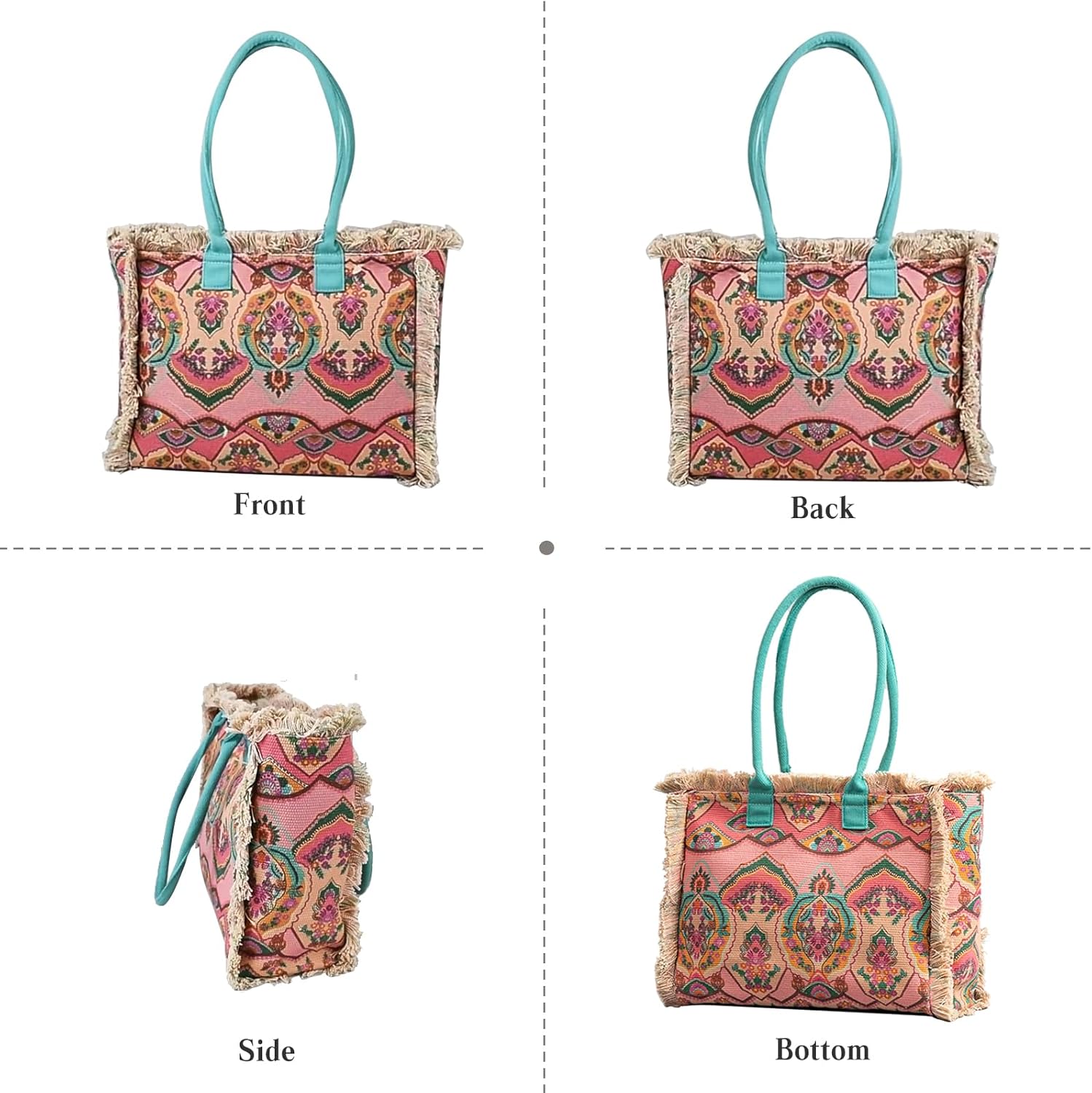 CORIOS Women Canvas Handbag Ethnic Style Tote Bag Retro Shoulder Bag with Tassels Summer Beach Bag Bohemian Top Handle Bag - Image 6