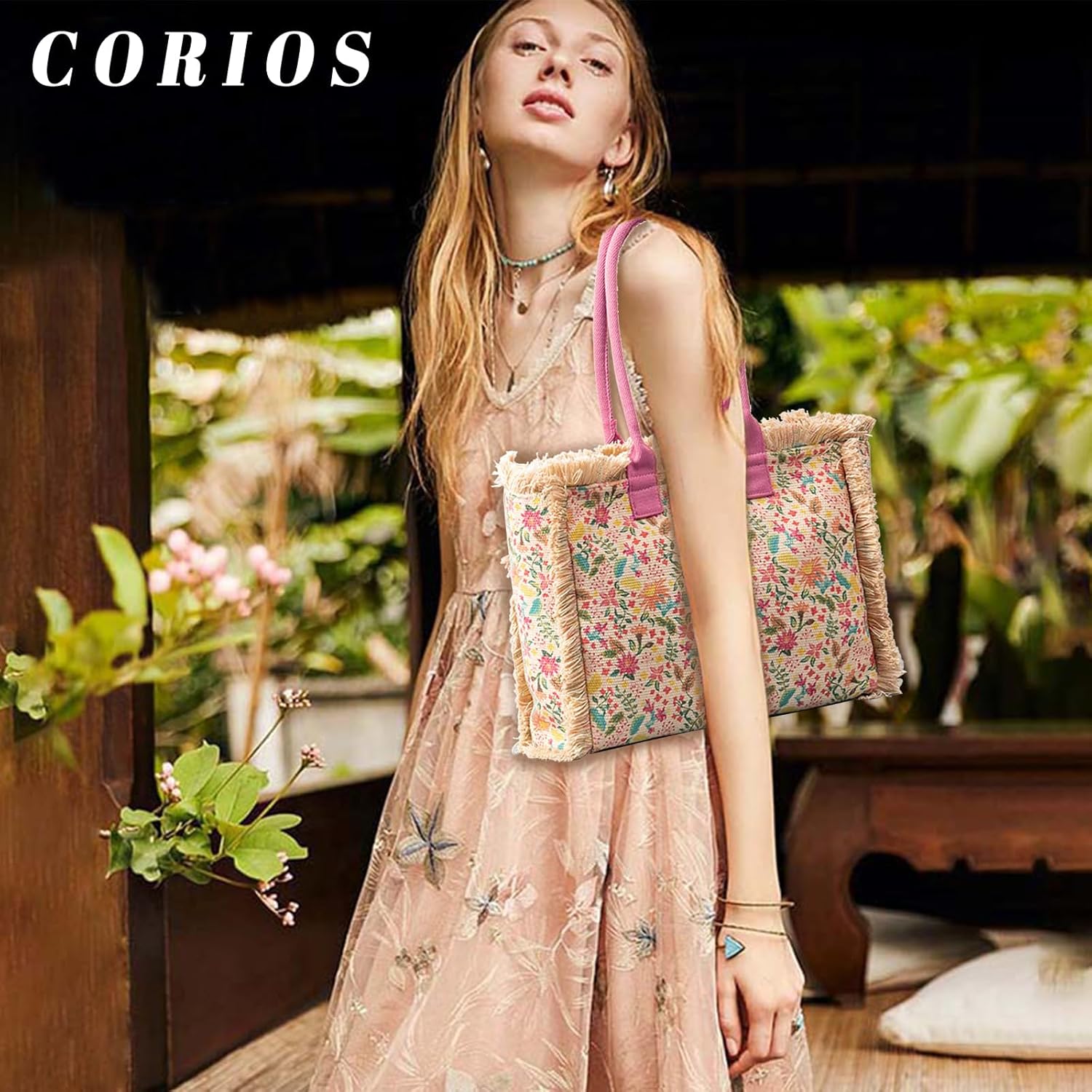 CORIOS Women Canvas Handbag Ethnic Style Tote Bag Retro Shoulder Bag with Tassels Summer Beach Bag Bohemian Top Handle Bag - Image 2