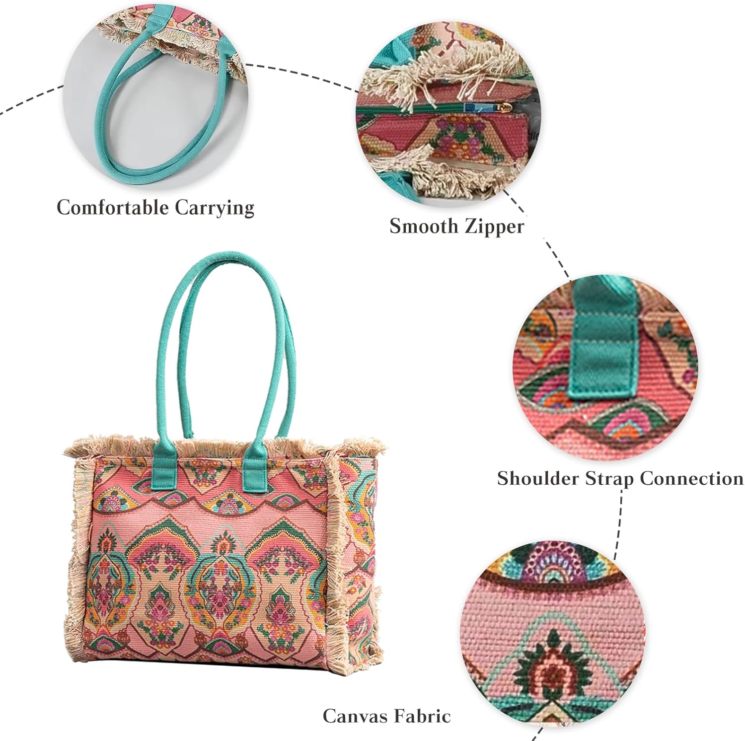 CORIOS Women Canvas Handbag Ethnic Style Tote Bag Retro Shoulder Bag with Tassels Summer Beach Bag Bohemian Top Handle Bag - Image 4