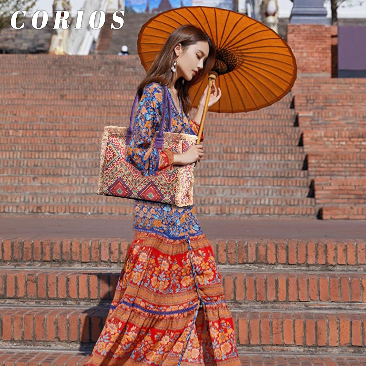 CORIOS Women Canvas Handbag Ethnic Style Tote Bag Retro Shoulder Bag with Tassels Summer Beach Bag Bohemian Top Handle Bag - Image 2