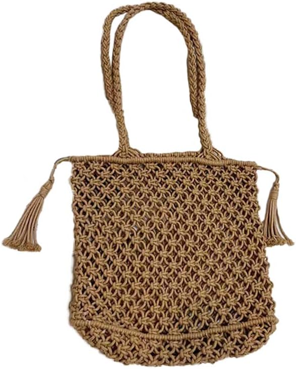 Cotton Handmade Shoulder Bag Tote Handbag Summer Beach Purse for Holiday Vacation Casual Hobo Brown(With Lining)