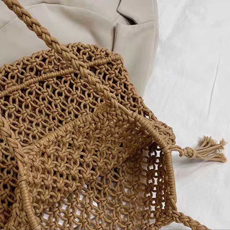 Cotton Handmade Shoulder Bag Tote Handbag Summer Beach Purse for Holiday Vacation Casual Hobo Brown(With Lining) - Image 7