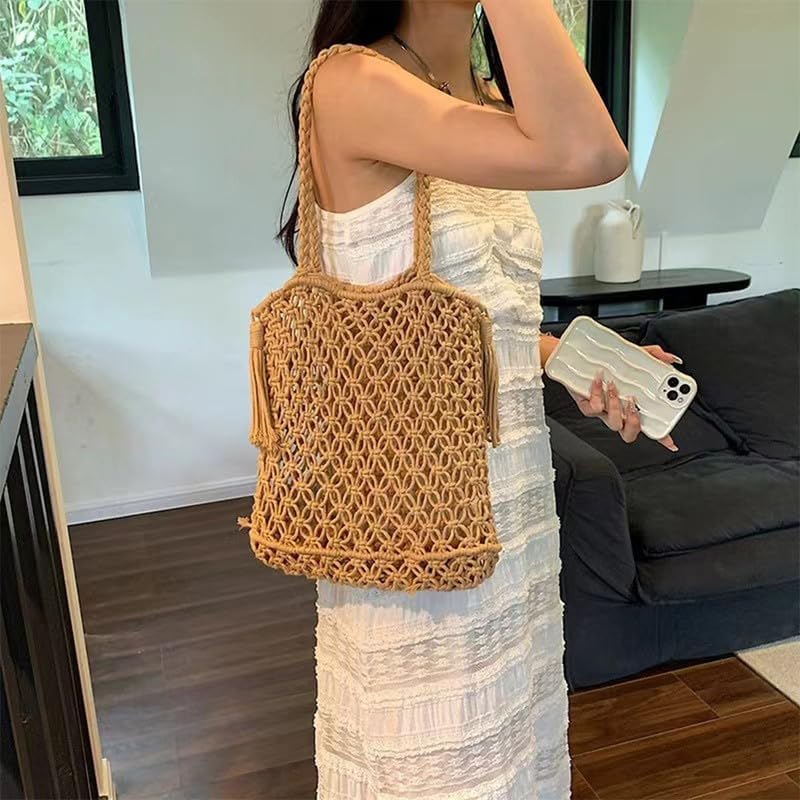 Cotton Handmade Shoulder Bag Tote Handbag Summer Beach Purse for Holiday Vacation Casual Hobo Brown(With Lining) - Image 2