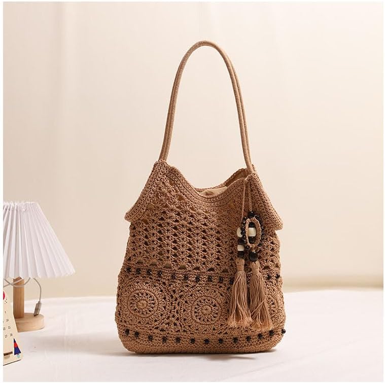 Crochet Beach Bag with Tassel, Cotton Woven Shoulder Bag, Beaded Bohemian Summer Tote - Image 3