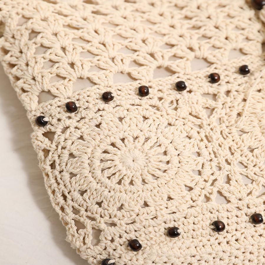 Crochet Beach Bag with Tassel, Cotton Woven Shoulder Bag, Beaded Bohemian Summer Tote - Image 7