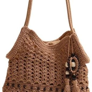 Crochet Beach Bag with Tassel, Cotton Woven Shoulder Bag, Beaded Bohemian Summer Tote