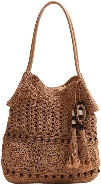 Crochet Beach Bag with Tassel, Cotton Woven Shoulder Bag, Beaded Bohemian Summer Tote