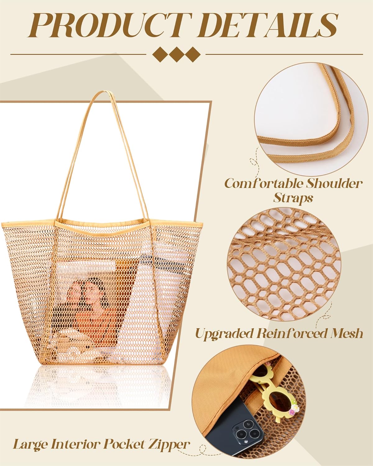 Cunno 6 Pieces Mesh Beach Tote Bag for Women Summer Waterproof Sandproof Shoulder Bag for Travel Vacation Shopping Picnic - Image 3