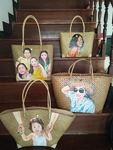 Custom, Made To your Own Order Portrait Painting Woven Straw Bags Summer Beach Tote Bag for Women 100% Handmade (A06) - Image 7