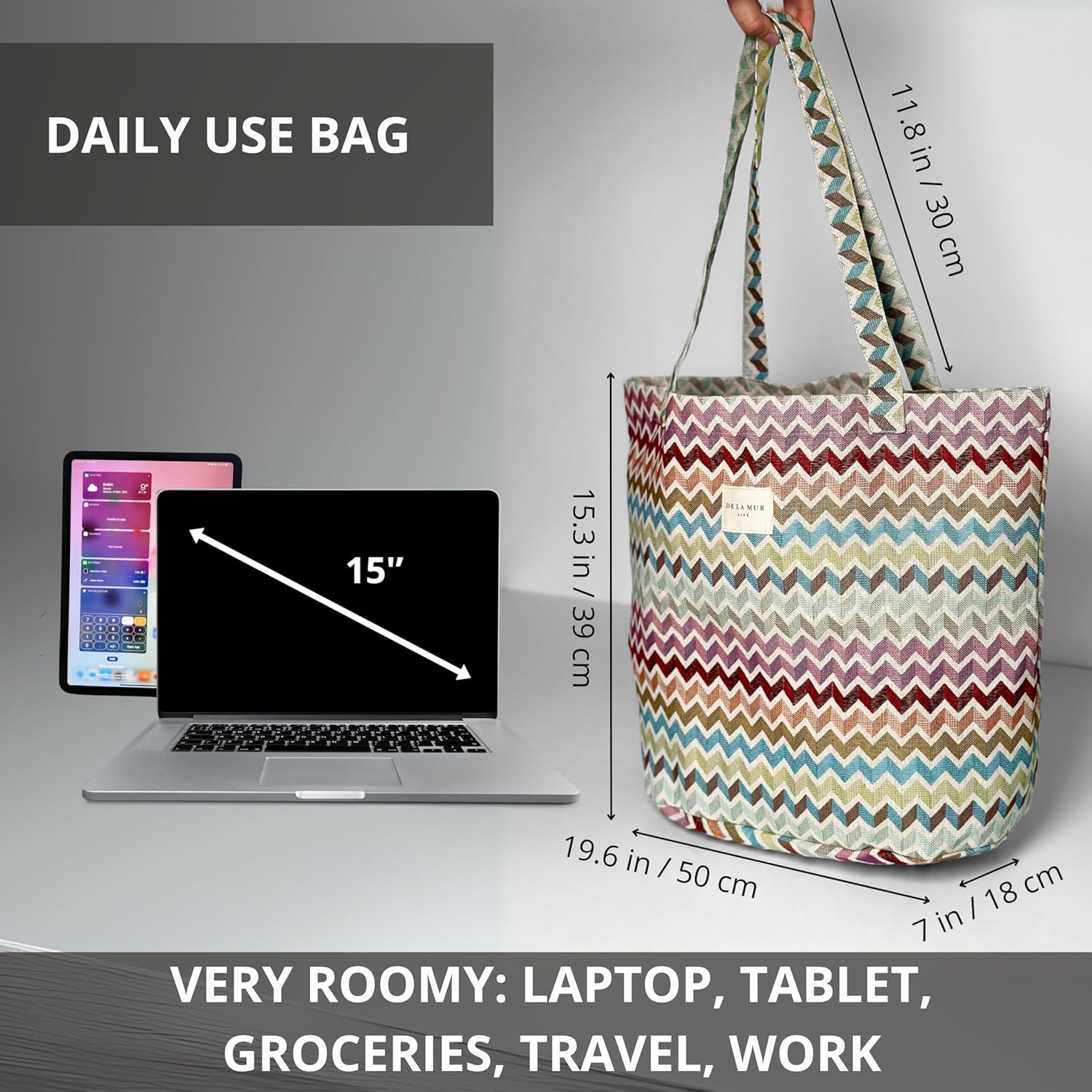 DE LA MUR LINE LARGE BOHO TOTE BAG for WOMEN \u2013 Animal Free Shoulder Bag \u2013 Boho Hippie Purse for Beach, Work & Daily Use - Image 3