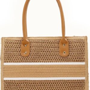 E Straw Beach Bag, Large Tote Bag for Women Summer Woven Straw Shoulder Hangbag with Adjustable Strap