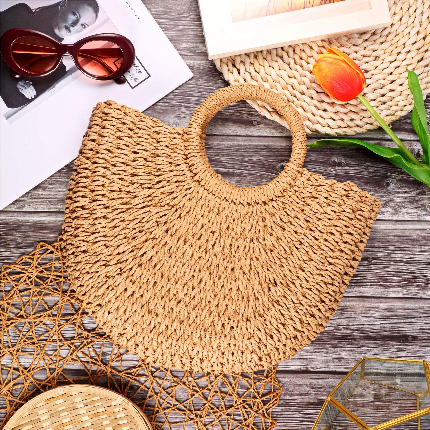 Frienda Straw Tote Bag Summer Beach Bag Handmade Straw Rattan Woven Handbag for Women Travel - Image 5