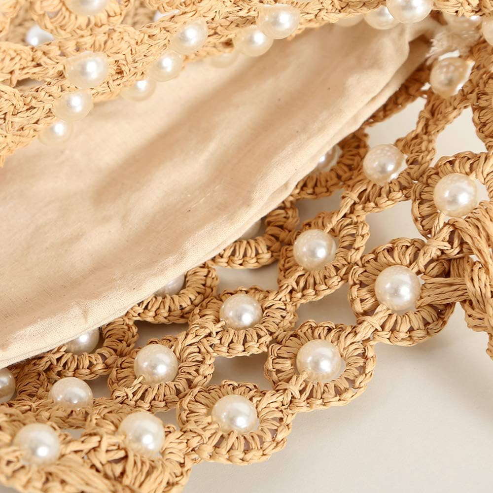 Hand-woven Hollow Out Soft Straw Shoulder Bag with Pearl Flower, Boho Straw Handle Tote Summer Beach Bag Handbag - Image 3