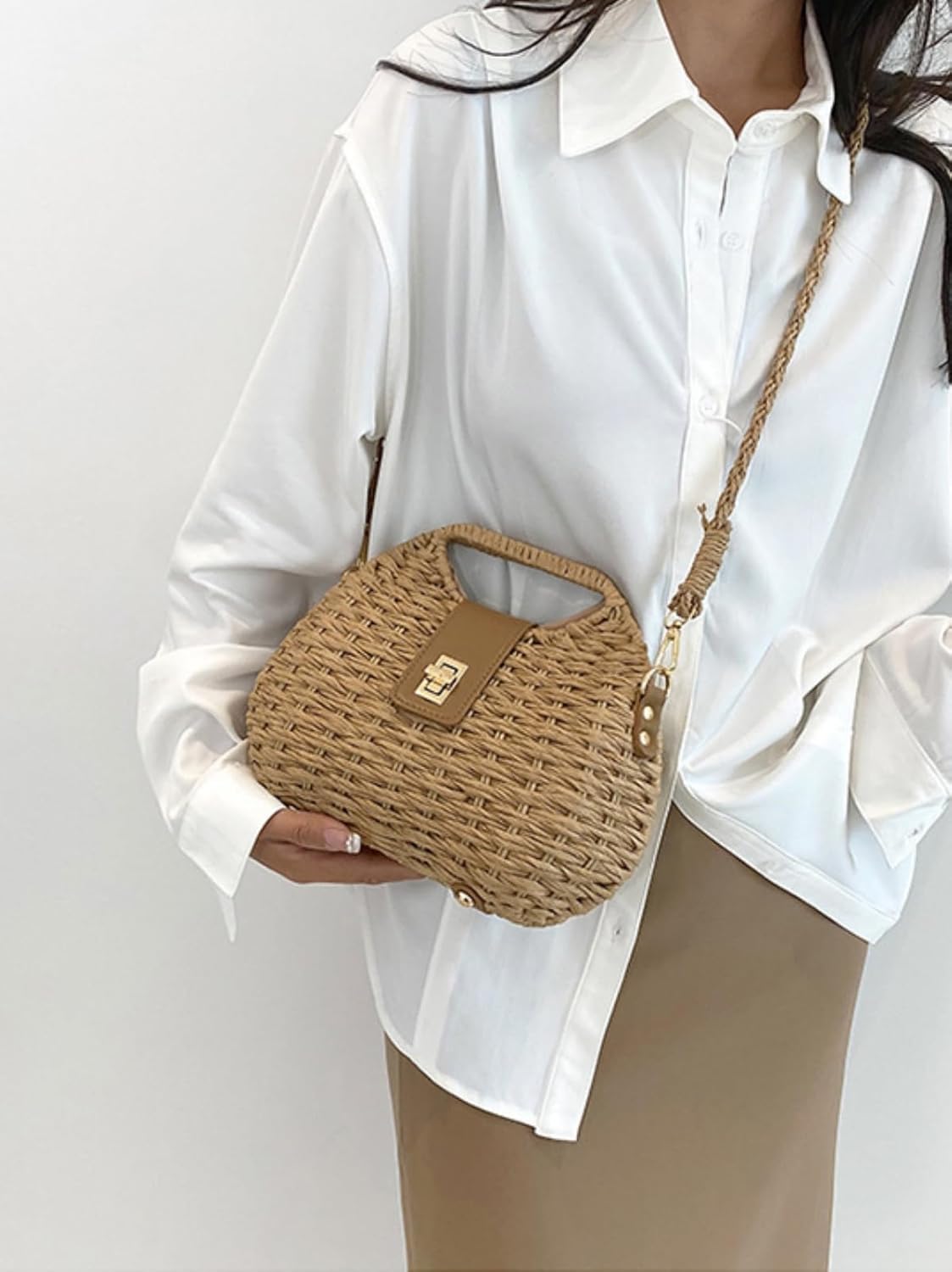 Handmade Straw Woven Bag Beach Clutch Purses Women Vacation Shell Shoulder Crossbody Summer Dumpling Handbag Basket Tote - Image 2