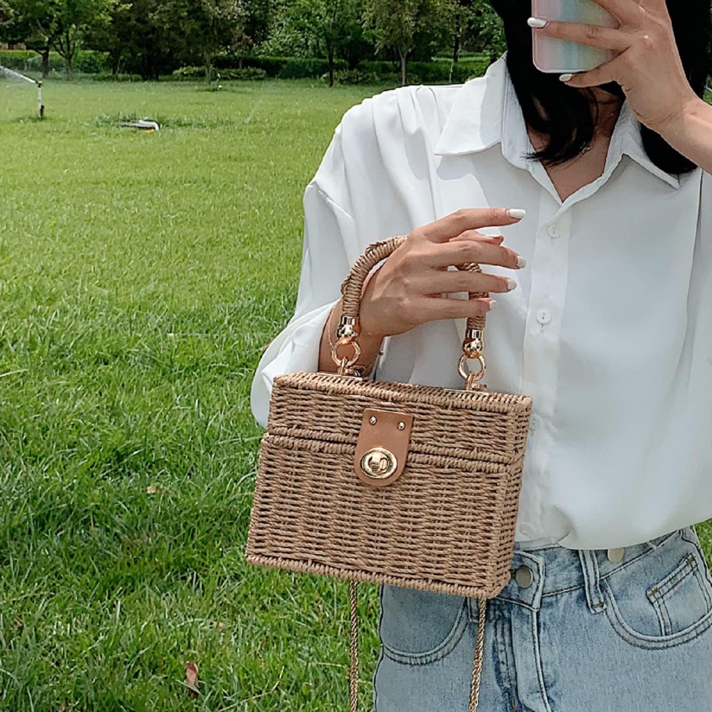 Handwoven Rattan vintage purse Bag Natural Chic Casual Handbag Beach Sea tote Basket Straw vacation Bag (Brown) - Image 2