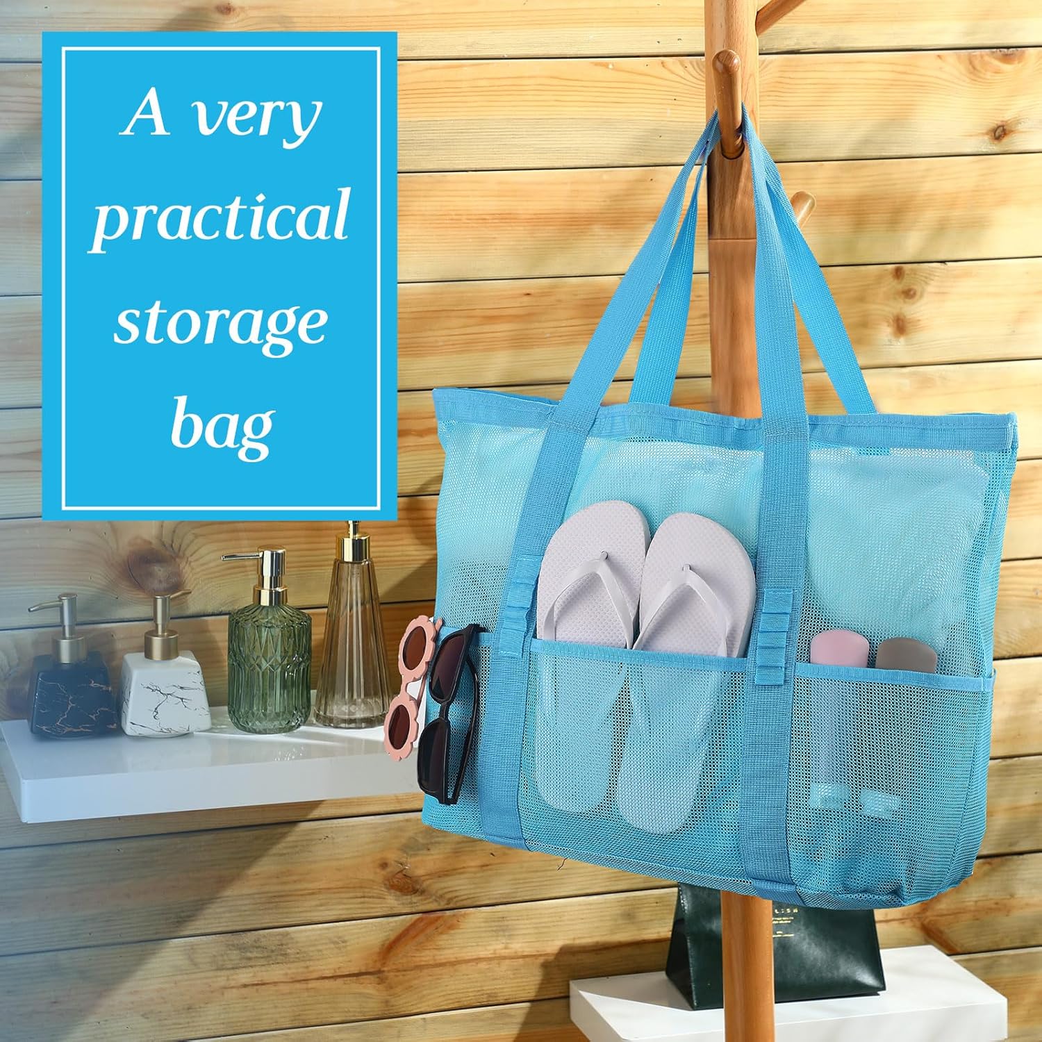 Hillban Large Mesh Beach Bag Tote Waterproof Lightweight Summer for Pool Travel Market Outdoor Camping(Sky Blue,6 Pcs) - Image 4