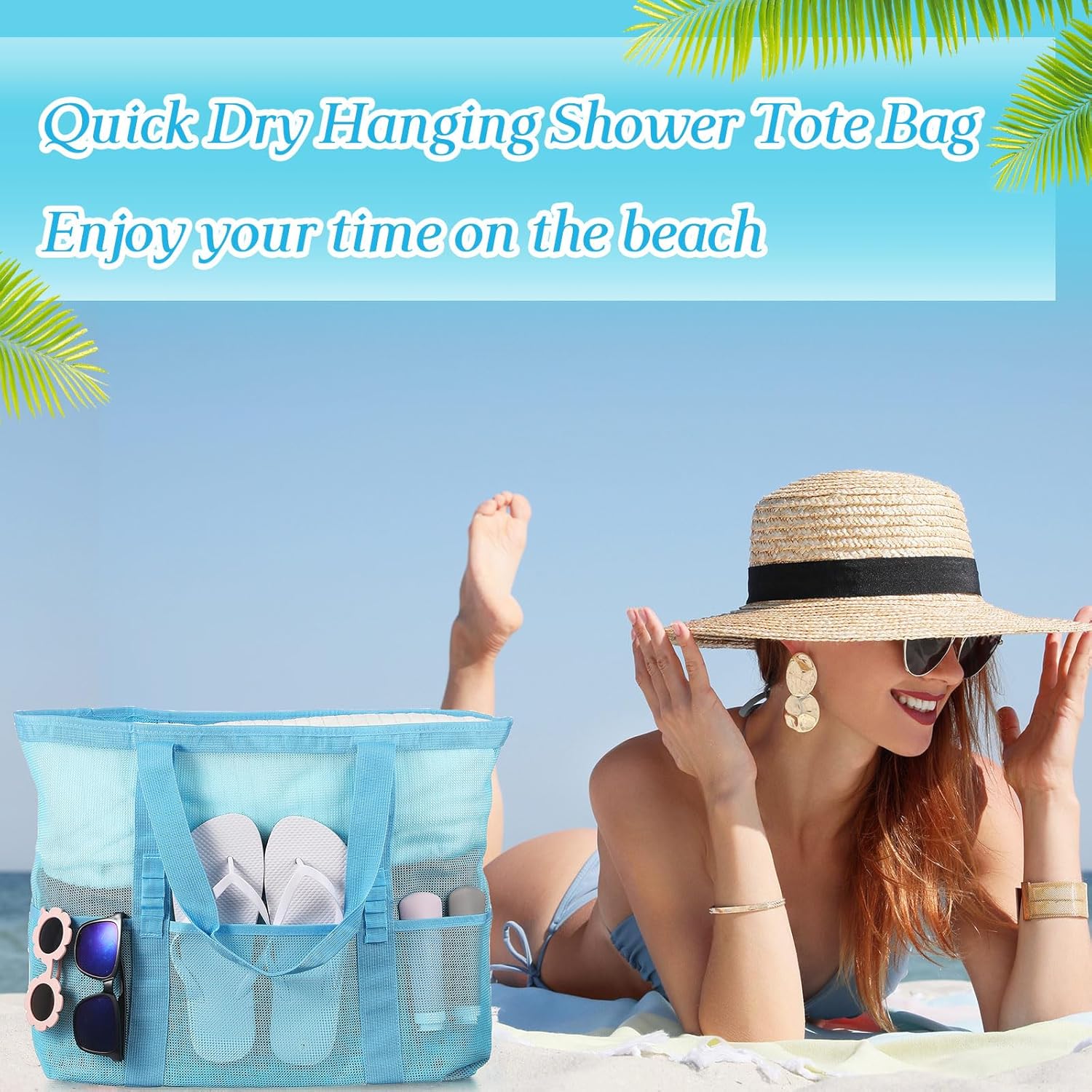 Hillban Large Mesh Beach Bag Tote Waterproof Lightweight Summer for Pool Travel Market Outdoor Camping(Sky Blue,6 Pcs) - Image 5