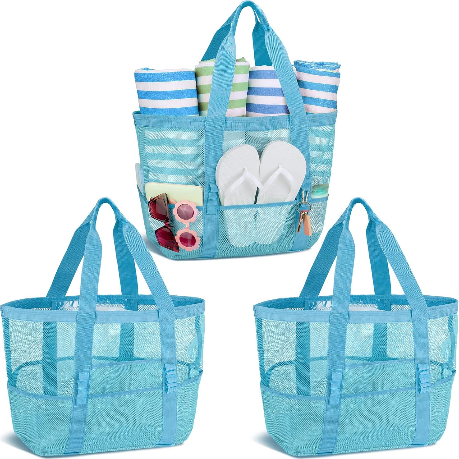 Hillban Large Mesh Beach Bag Tote Waterproof Lightweight Summer for Pool Travel Market Outdoor Camping(Sky Blue,6 Pcs) - Image 10