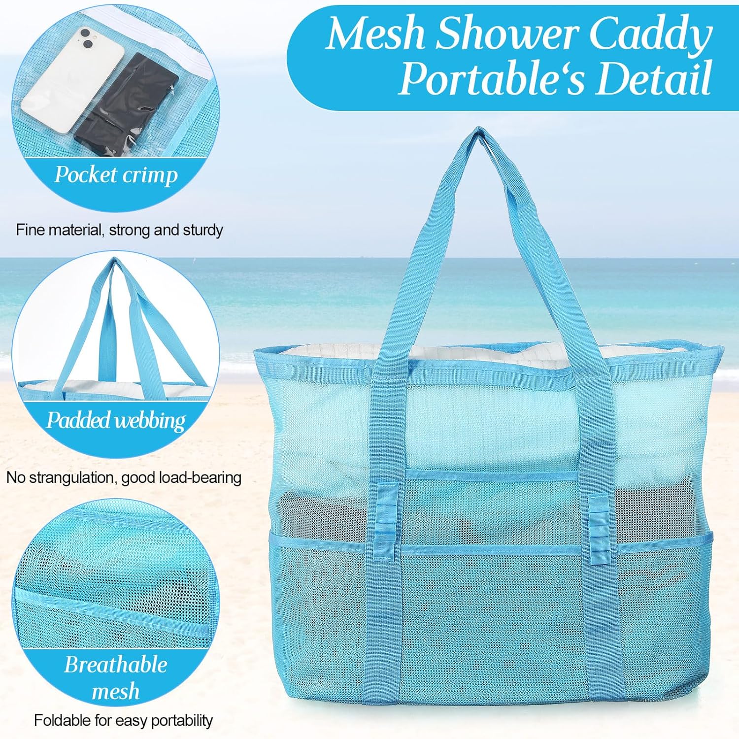 Hillban Large Mesh Beach Bag Tote Waterproof Lightweight Summer for Pool Travel Market Outdoor Camping(Sky Blue,6 Pcs) - Image 3